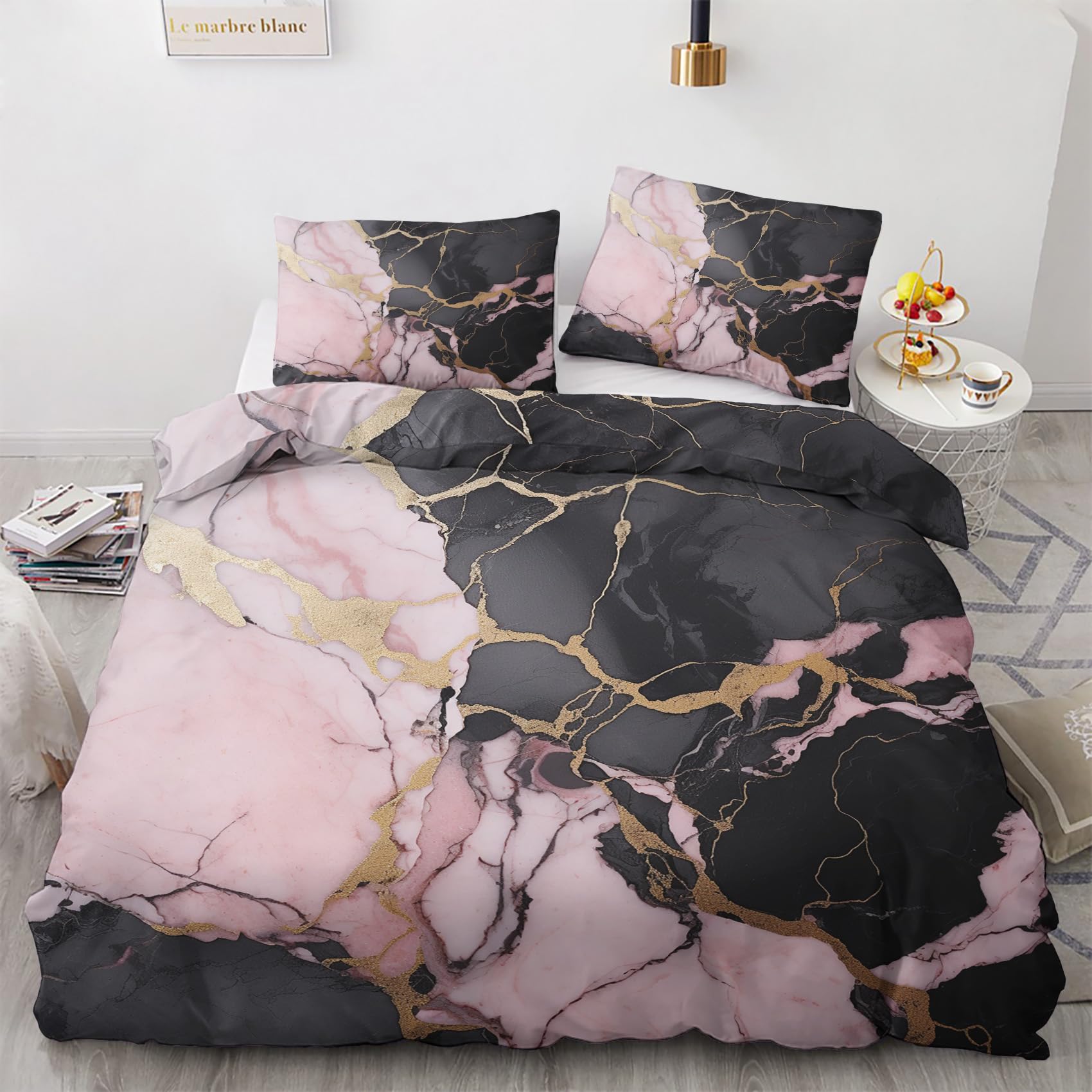 zcwl Marble Duvet Cover Cal King Size | Pink and Black Abstract Bedding Set | 3 Piece | Soft Microfiber Patterned Comforter Cover with Zipper Ties & 2 Pillowcases | Marble Bedroom Decor