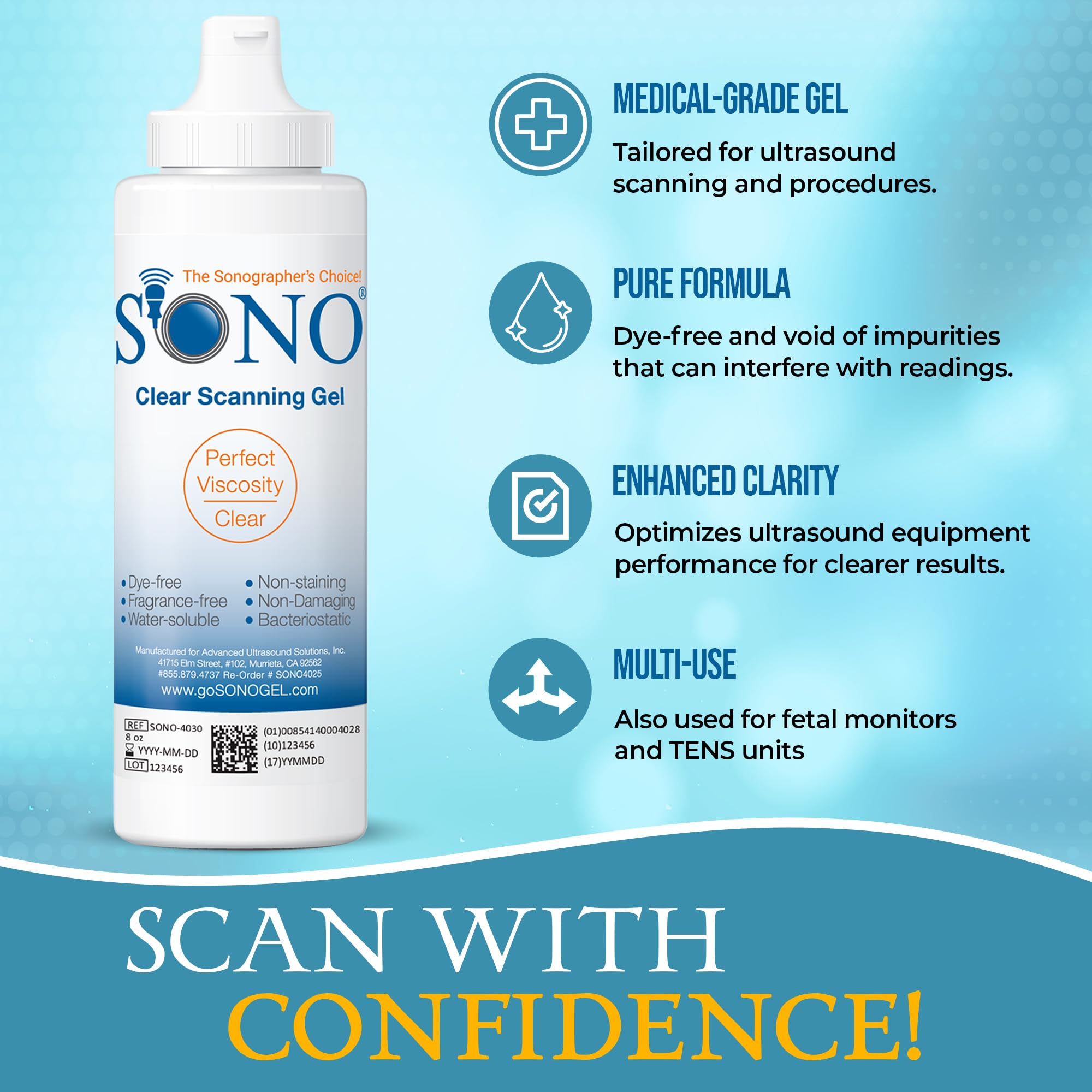 SONO Clear Scanning Gel - Ultrasound, Electrode, Ultrasonic, Sonogram, Transmission, Conductive, TENS Gel - Non-Staining, Dye-Free, Unscented, Water-Soluble, All Skin Types - Case of 12 8oz Bottles