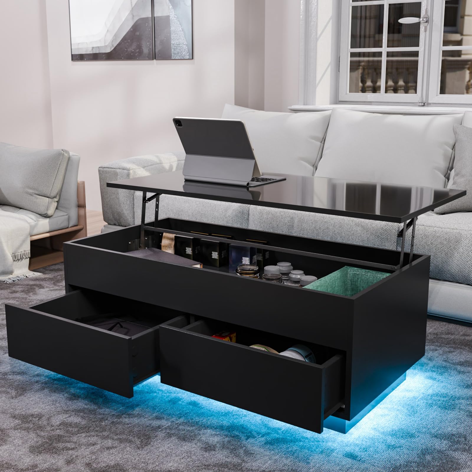 HOMMPA 40'' Lift Top Coffee Table, Black Coffee Tables with Storage for Living Room, LED Modern Coffee Table, Flip Top Center Table with 2 Drawers & Hidden Compartment, Lift Up Wooden Coffee Table