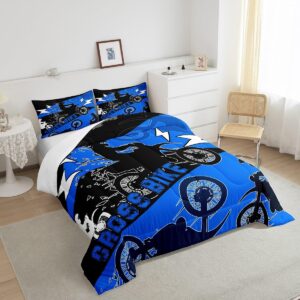 Erosebridal Boys Dirt Bike Bedding Sets Twin Motocross Comforter Set Dirtbike Room Decor for Boys Kids Girls Adult,Rider Motorcycle Bed Set Cool Extreme Sports Comforter Sets 2Pcs,Blue Black