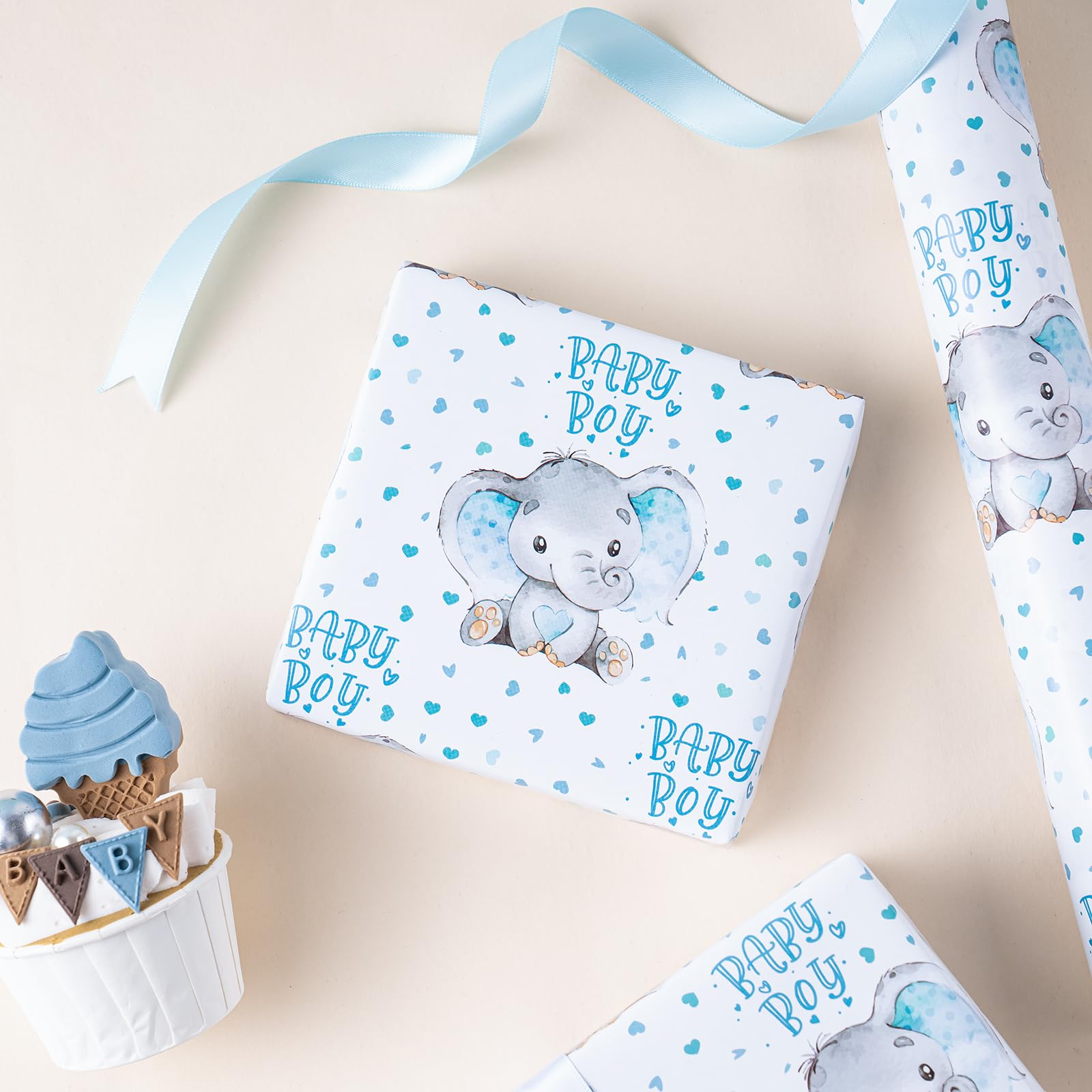 WRAPAHOLIC Baby Boy Wrapping Paper - Mini Roll - 17 Inch X 33 Feet - Adorable Blue Elephant Design for Baby Shower, Party, Holiday