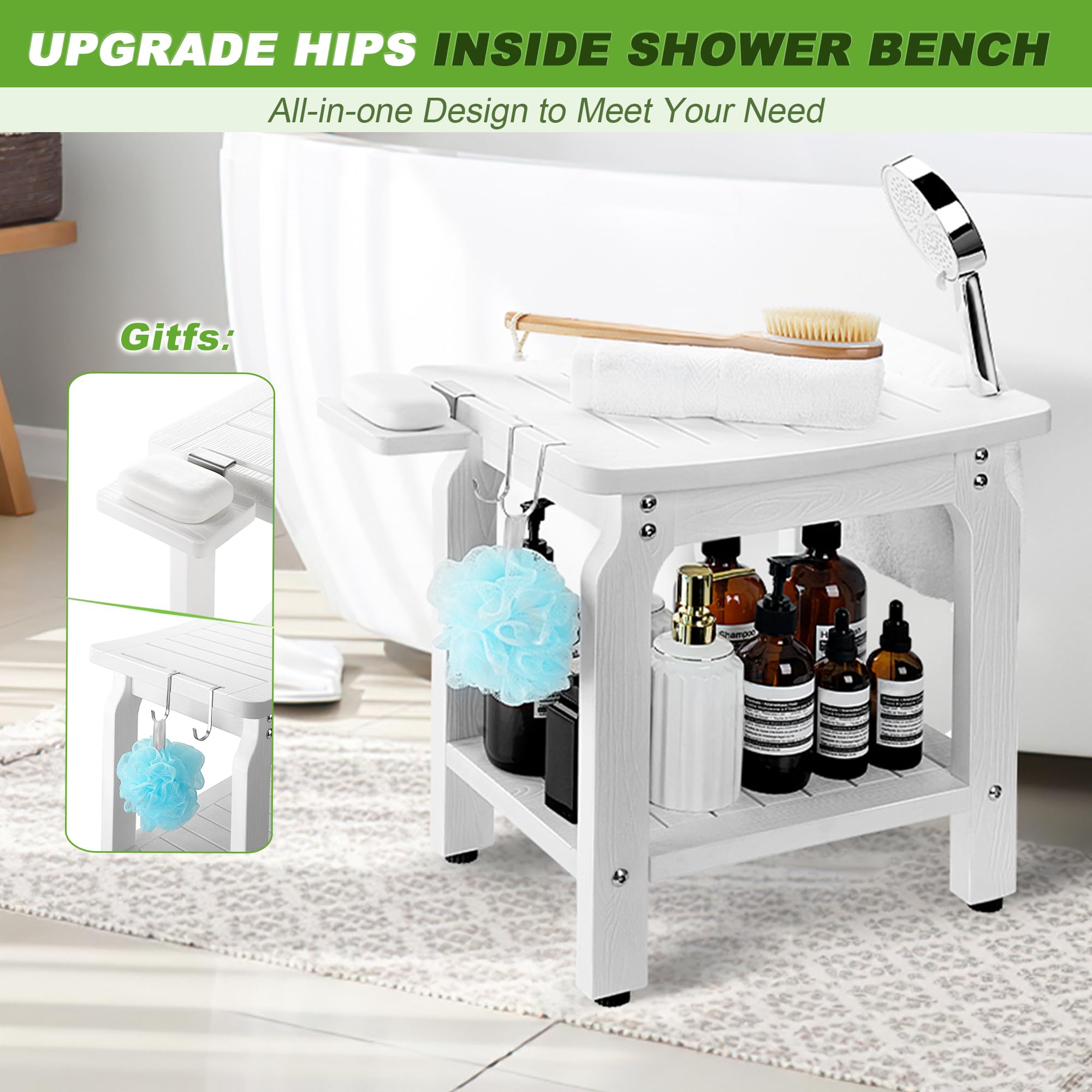 ETECHMART HIPS Shower Bench Seat, Shower Stool for Inside Shower, Bathroom Bench with Storage for Shaving Legs, Waterproof Bath Chair（White）