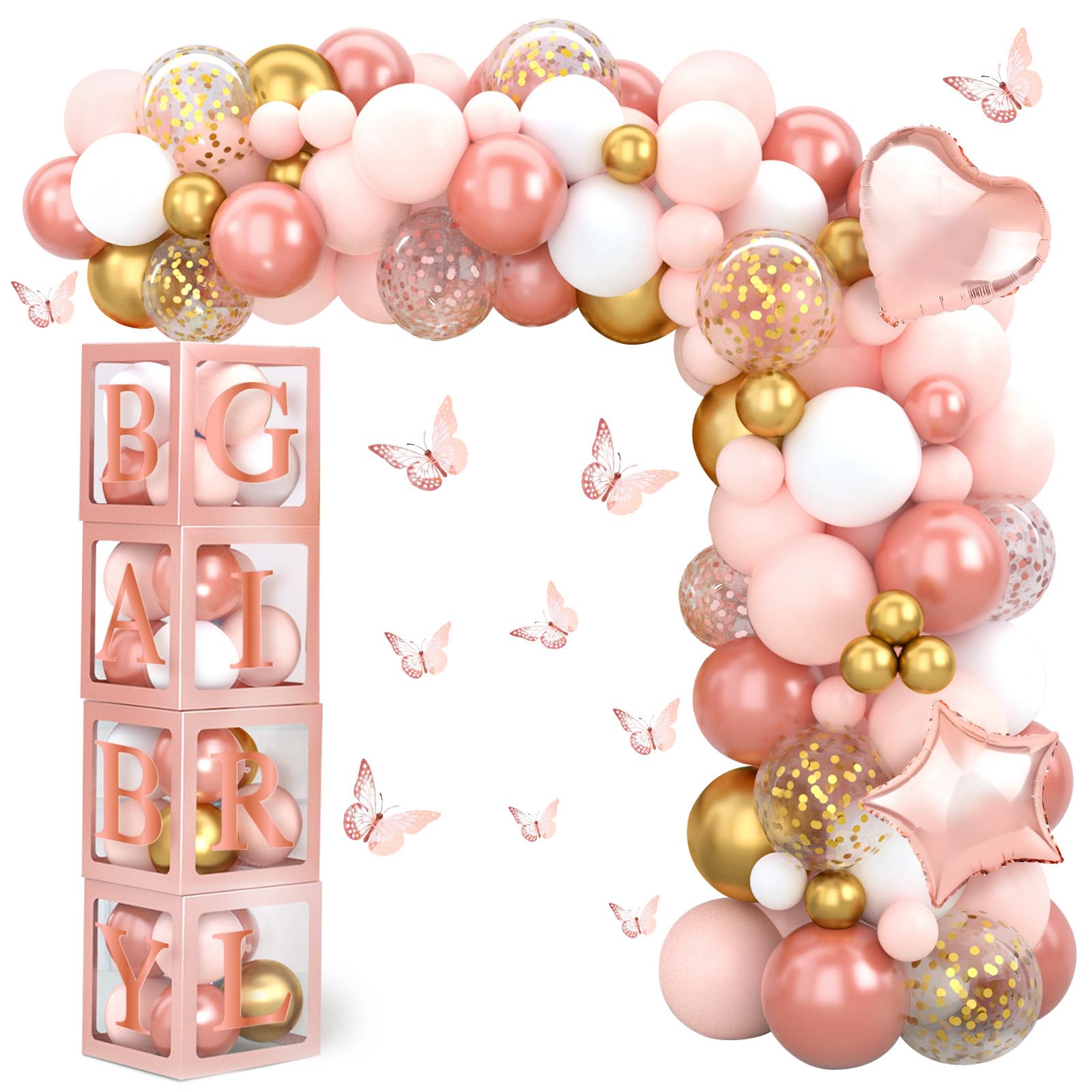 Rose Gold Baby Shower Decorations for Girl - Rose Gold Retro Blush Pink Balloon Arch Garland Kit with Baby Balloon Boxes,Butterfly Stickers for Baby Shower Backdrop Decor, Girl Birthday