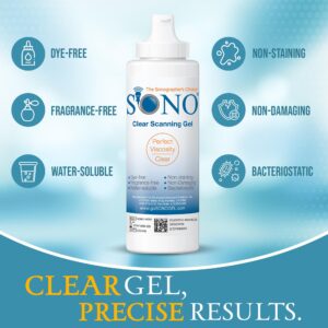 SONO Clear Scanning Gel - Ultrasound, Electrode, Ultrasonic, Sonogram, Transmission, Conductive, TENS Gel - Non-Staining, Dye-Free, Unscented, Water-Soluble, All Skin Types - Case of 12 8oz Bottles