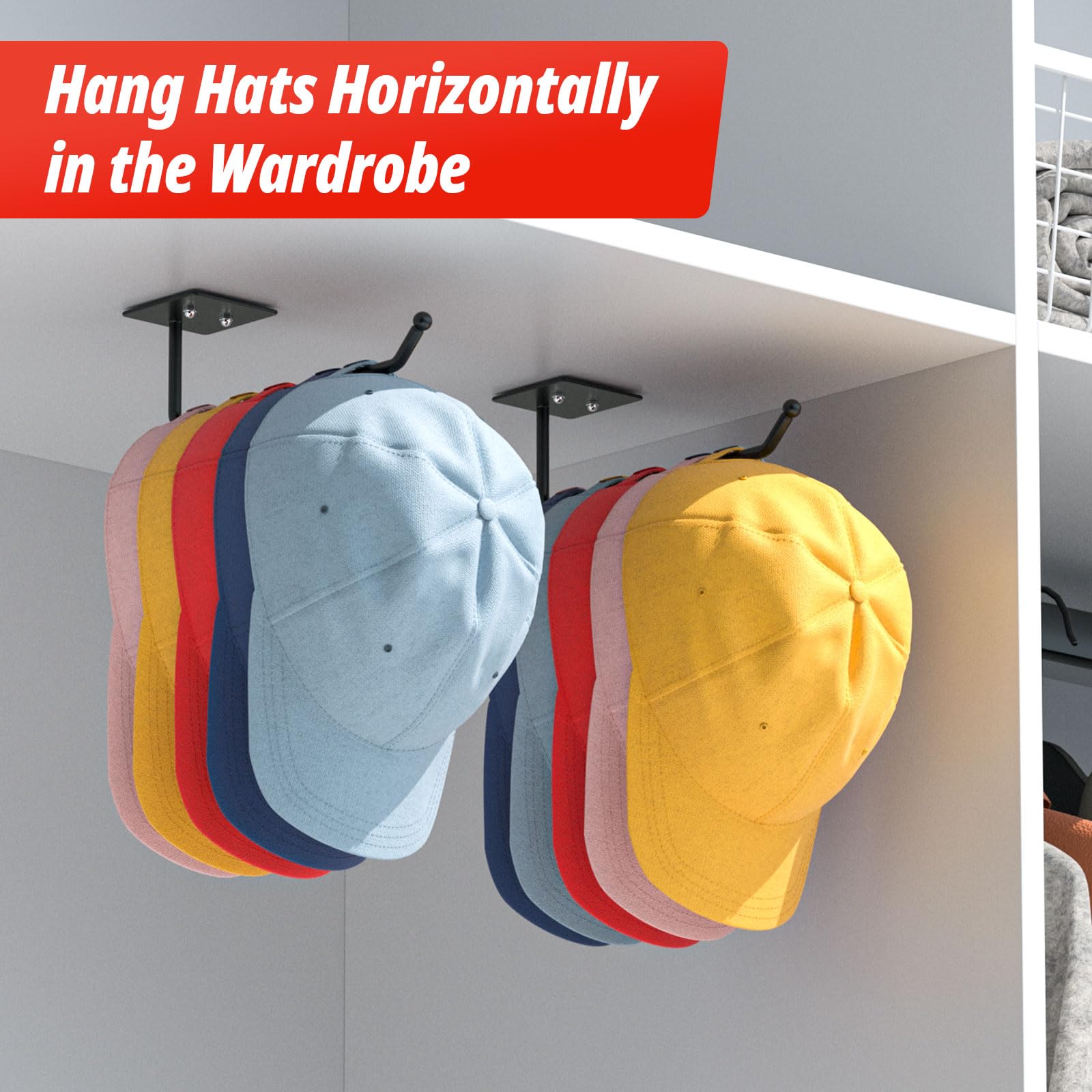 2 Pack Hat Racks for Baseball Caps Wall, Extended 8.07" Hat Organizer for Baseball Caps, Hat Storage for Baseball Caps, Hat Hooks Hat Hanger Strong Adhesive/Wall Drilled for Door, Closet(Black)