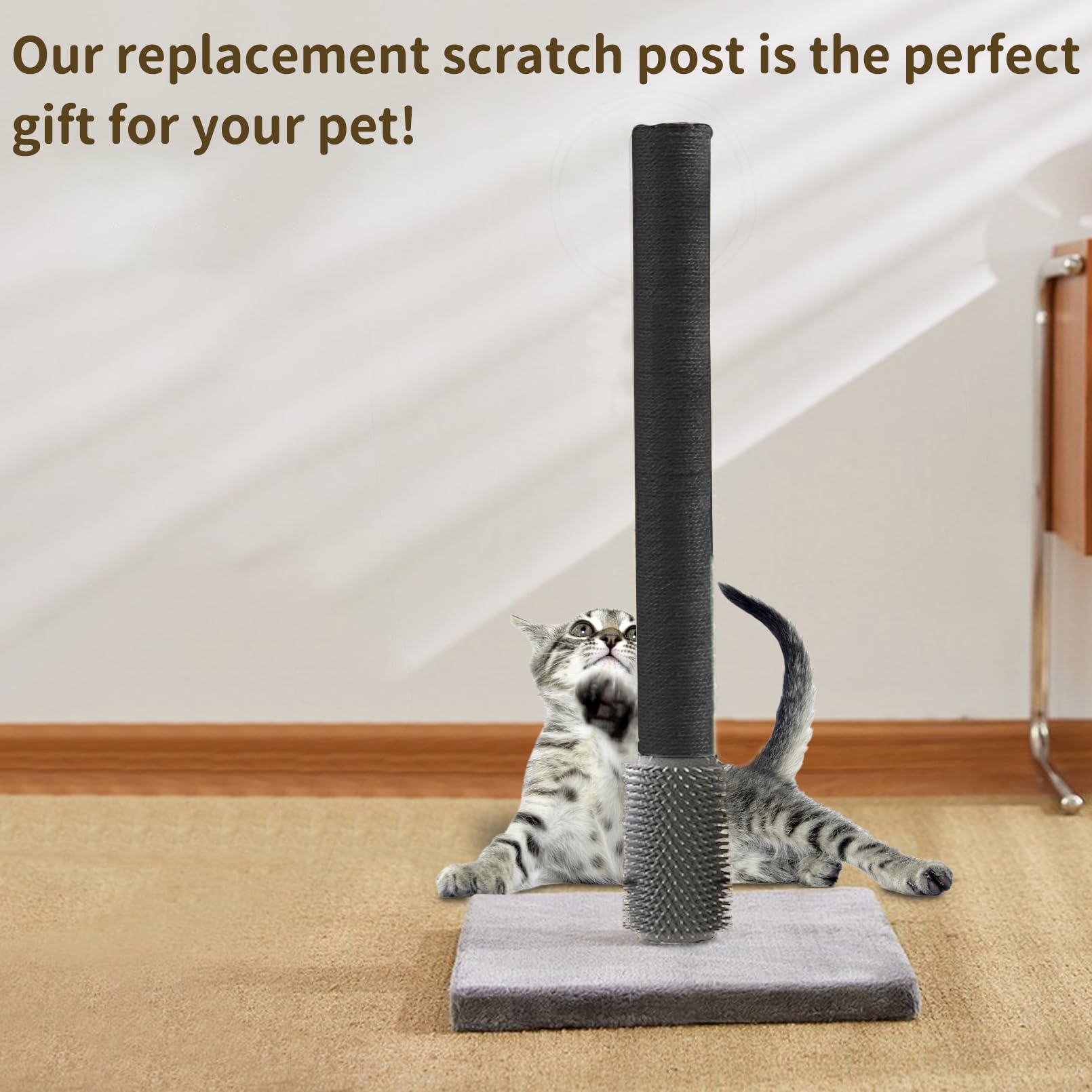 Fhiny 2PCS Cat Scratching Post Replacement, 15.7inch M8 Natural Sisal Cat Scratch Post with Cat Self Groomer Refill Pole Parts Kitten Climbing Furniture Protector Hemp Rope Scratcher for Spare Black