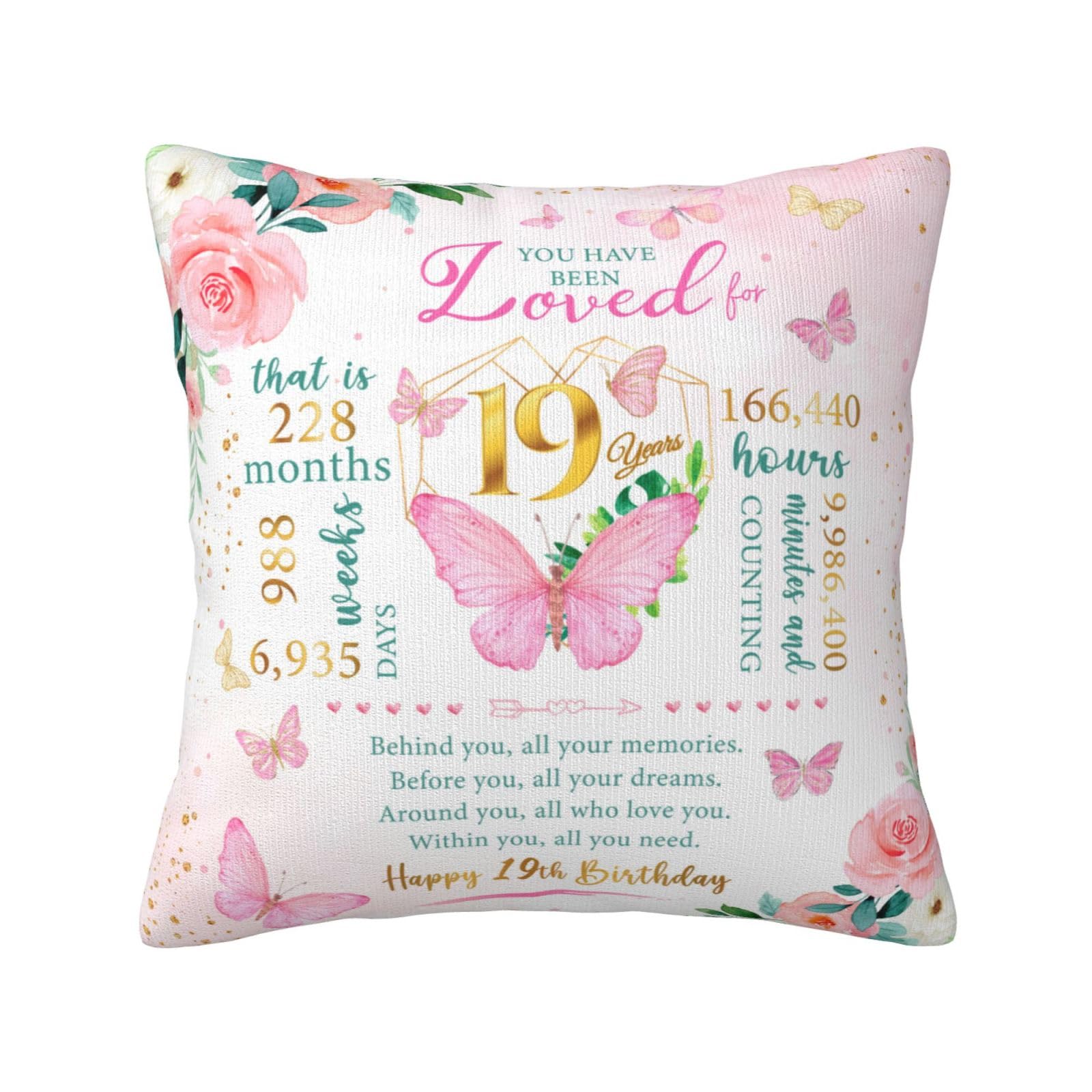 Birthday Gifts for 19 Year Old Female Pillowcase 18" x 18", Best 19th Birthday Gifts for Girls, Gifts Ideas for 19 Year Old Girls, Happy 19th Birthday Gifts for Her, 19th Birthday Decorations for Girl