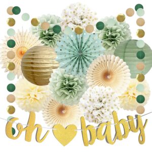 sage green baby shower decorations oh baby banner tissue paper pom poms flowers paper fans circle dot garland neutral party supplies boy girl gender reveal birthday party decorations