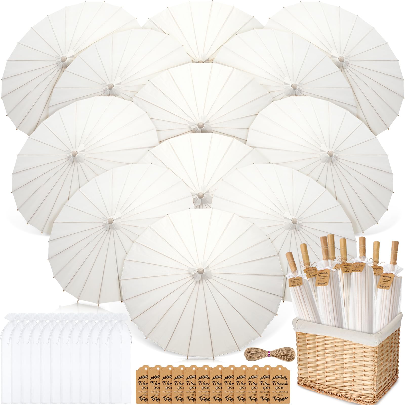 Huhumy 12 Set 33 Inch White Paper Umbrellas Paper Thank You Card Wedding Favor Decorative Chinese Japanese Silk Parasol Umbrella DIY Oiled Paper Painting Umbrellas for Wedding Bridal Decor