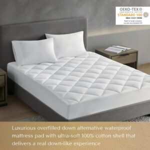 Croscill King Mattress Pad Cotton Bed Protector Waterproof Mattress Pad, Diamond Quilted Cover, Overfilled, Breathable Mattress Topper, Fitted Pocket Fits Up to 18", Easy Care, King, White