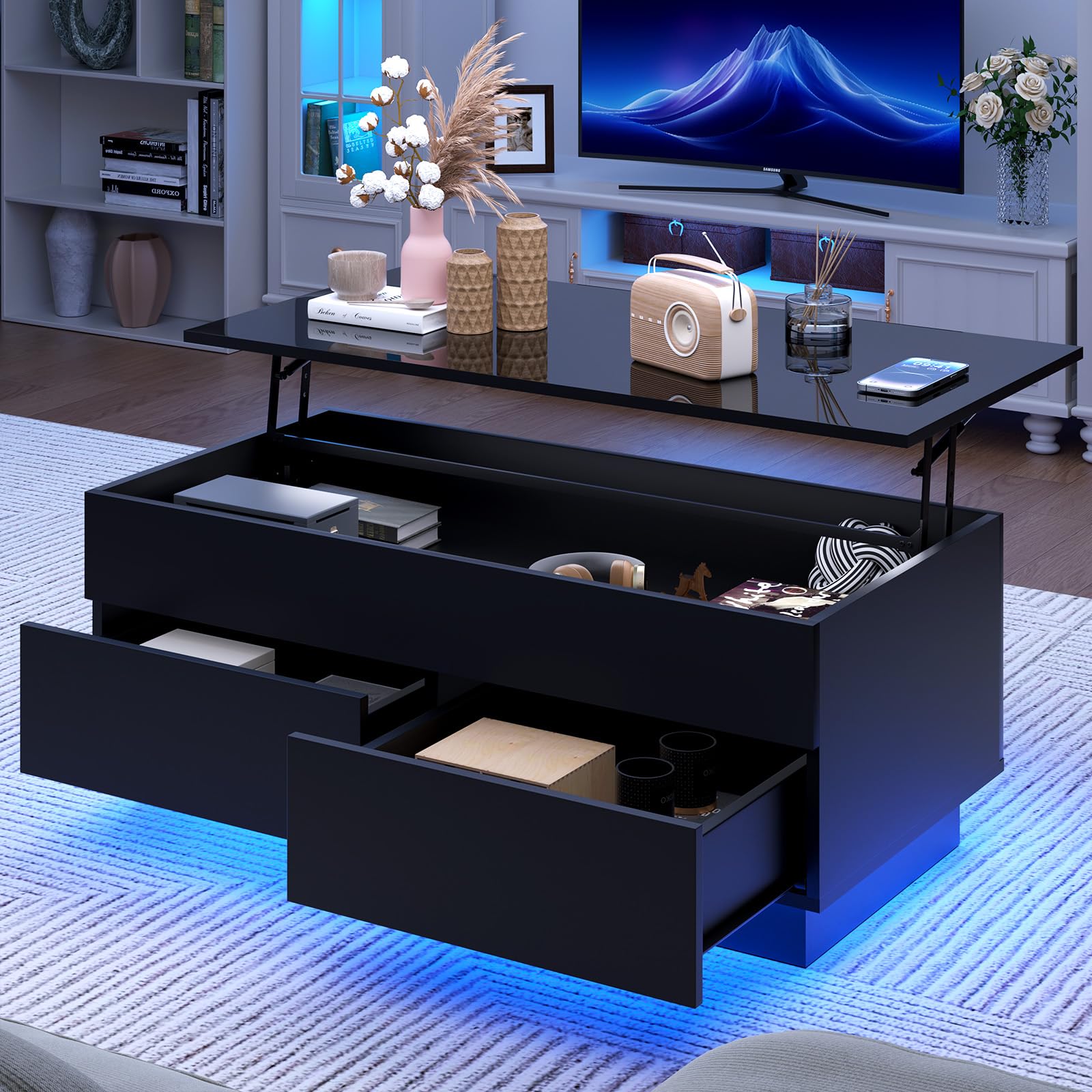 HOMMPA 40'' Lift Top Coffee Table, Black Coffee Tables with Storage for Living Room, LED Modern Coffee Table, Flip Top Center Table with 2 Drawers & Hidden Compartment, Lift Up Wooden Coffee Table