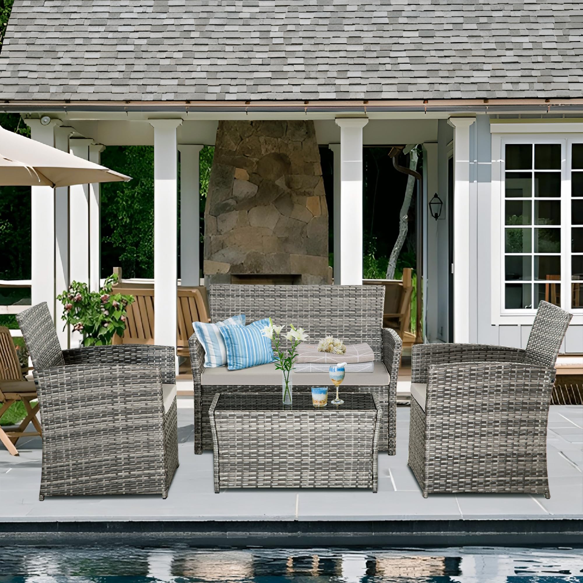 Seogwisam 4 Piece Patio Furniture Set,Outdoor Wicker Conversation Sets,Rattan Sectional Sofa w/Coffee Table,Seat Cushions for Backyard Porch Garden Poolside (Gray/Gray)