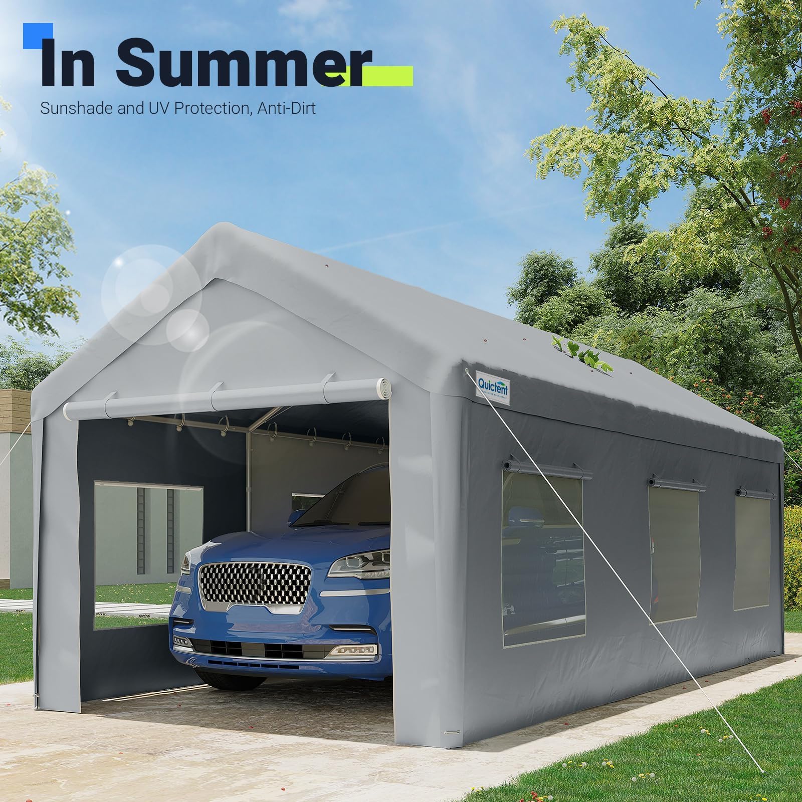 Quictent 12x20 ft Carport with Roll-up Ventilated Windows, Anti-Snow Car Port Heavy Duty Car Canopy RV Carport Canopy Portable Garage Shelter Boat Shelter with 4 Reinforced Steel Cables-Grey