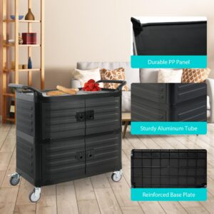 3-Tier Service Utility Carts on Wheels, Mobile Kitchen Cart with Handle & Storage Cabinet, Portable Rolling Cart for Home Hotel Restaurant (Black)