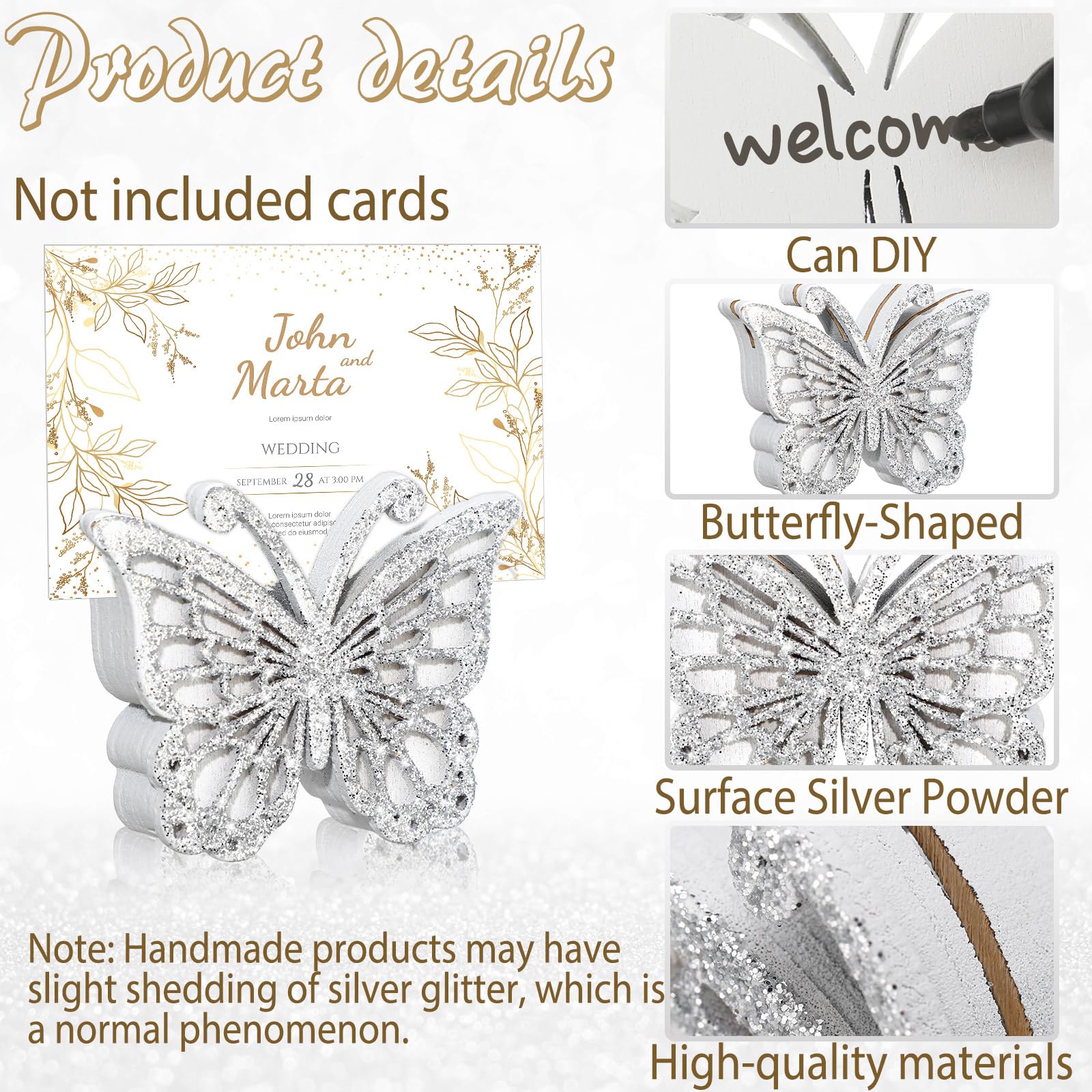 Janlaugh 24 Pcs Butterfly Birthday Party Decor Butterfly Wood Place Card Holder Table Number Stand Holder Butterfly Table Sign for Butterfly Theme Party Butterfly Birthday Decor(White, Silver)