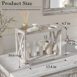 Tikea Bathroom Organizer Countertop, 2-Tier Bathroom Tray, Rustic Wood Vanity Organizer, Cosmetics Skincare Perfume Storage, for Kitchen, Bathroom, Dresser, Counter Decor (White)