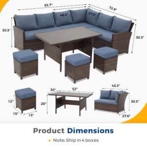 Wisteria Lane Patio Furniture Set, 7 Piece High Curved Back Outdoor Dining Sectional Sofa with Dining Table and Chair, All Weather Wicker Conversation Set with Ottoman, Blue