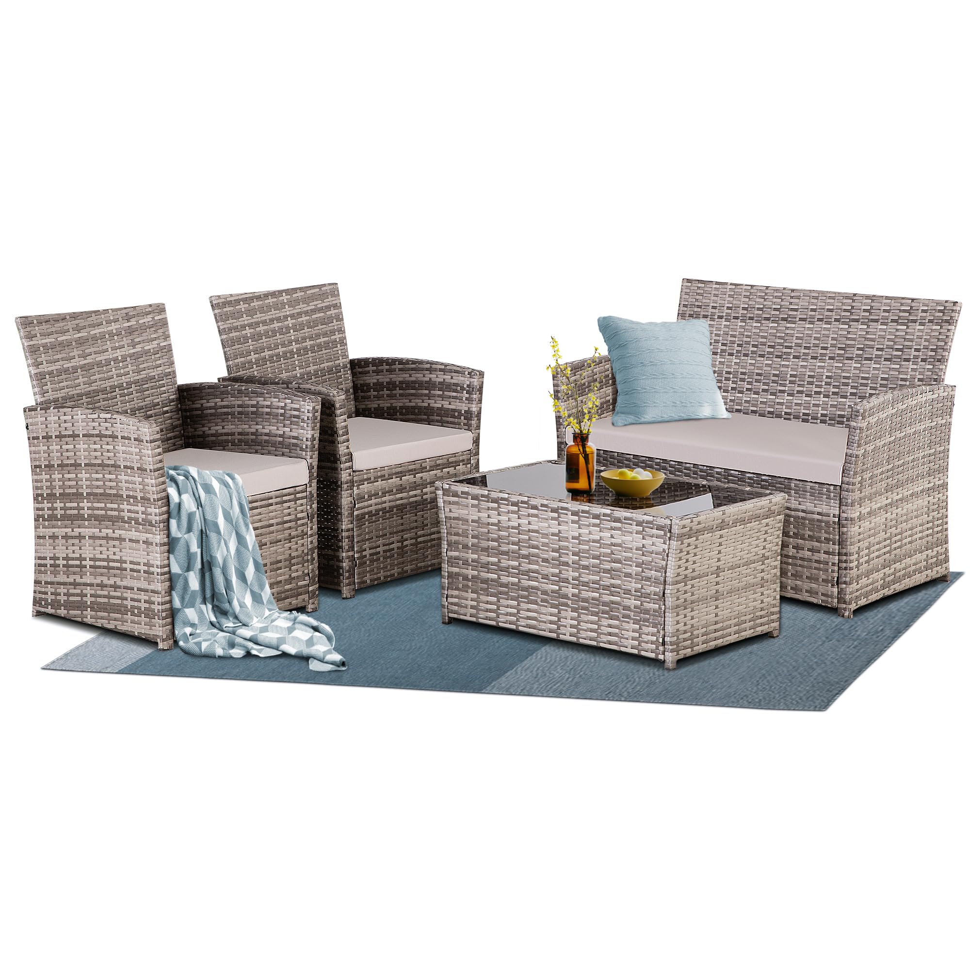 Seogwisam 4 Piece Patio Furniture Set,Outdoor Wicker Conversation Sets,Rattan Sectional Sofa w/Coffee Table,Seat Cushions for Backyard Porch Garden Poolside (Gray/Gray)