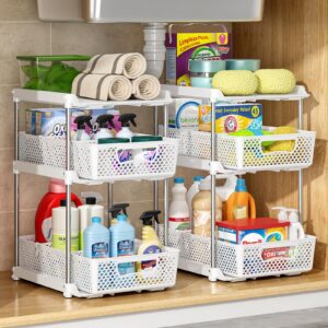 dabige 2pcs 3 tier bathroom organizers and storage, upgrade wider bolder, pull out under sink organizer with dividers, kitchen pantry organizers and storage, bathroom storage cabinet - white