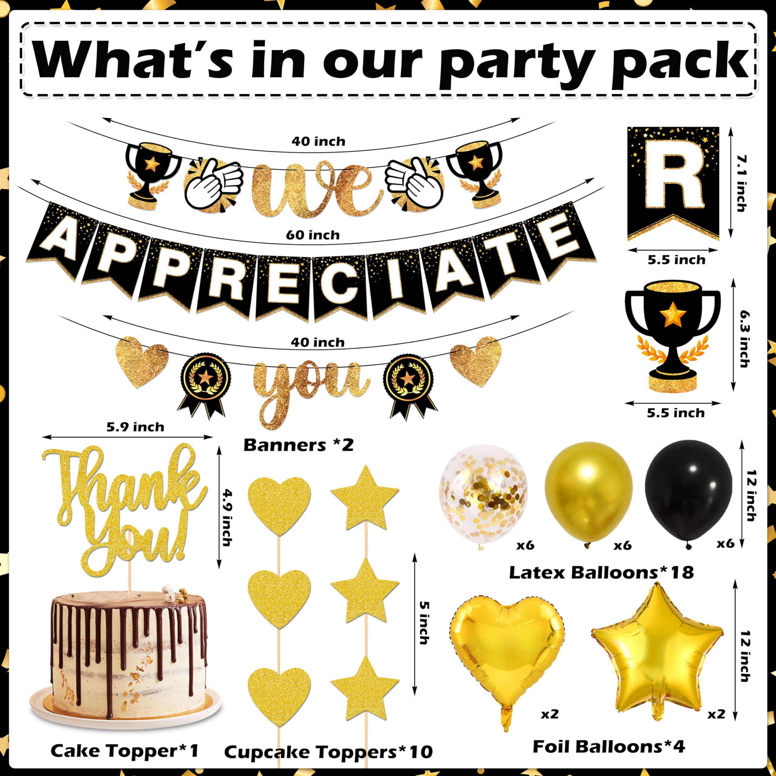 We Appreciate You Thank You Banner Appreciation Decorations Include Gold Glitter Banners Cake Cupcake Toppers Latex Foil Balloons for Teacher Doctor Staff Nurse Pastor Graduation Party (Black)