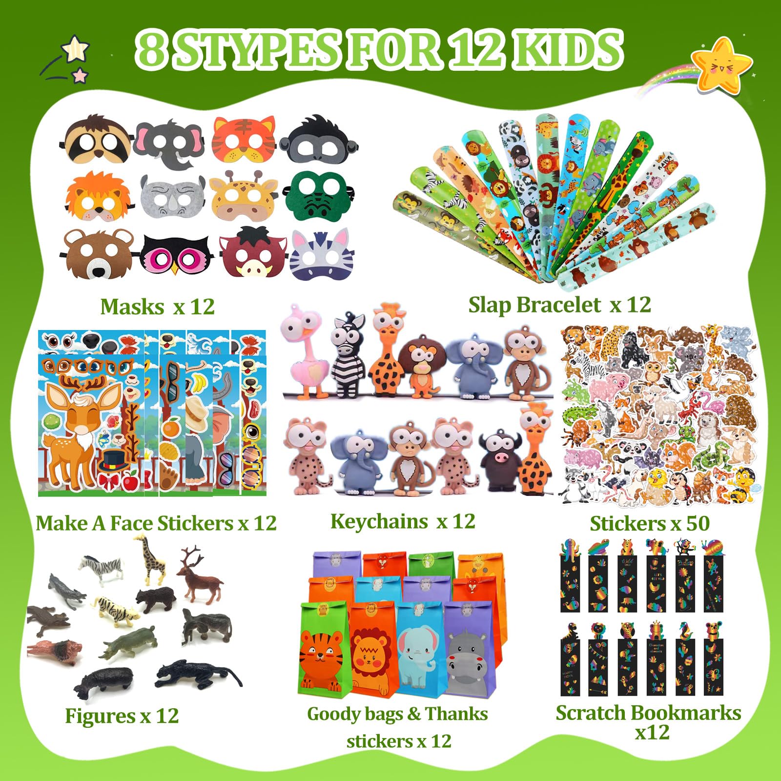 158 pcs Safari Party Favors for 12 kids ，Jungle Safari Birthday Party Supplies, Wild Animal Goodie Bags ,Safari Birthday Decorations Gift Bag Fillers Pinata Stuffers, Wild Animals Themed Party Toys