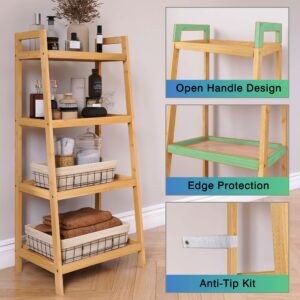 SMIBUY Bamboo Ladder Bookcase, Bathroom Storage Rack Organizer, 4 Tier Freestanding Plant Display Stand Space Saver Shelves for Bedroom, Kitchen, Balcony (Natural)