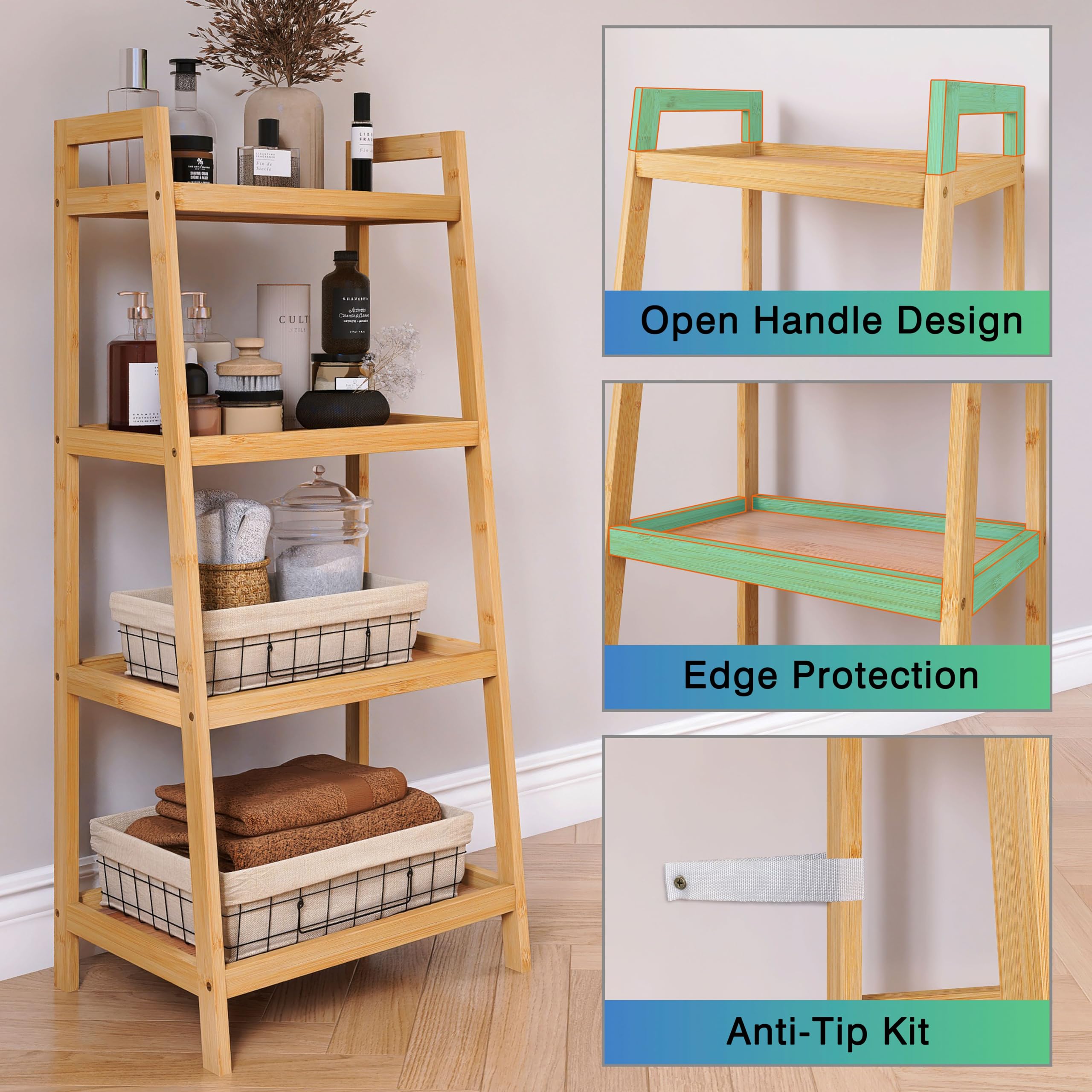 SMIBUY Bamboo Ladder Bookcase, Bathroom Storage Rack Organizer, 4 Tier Freestanding Plant Display Stand Space Saver Shelves for Bedroom, Kitchen, Balcony (Natural)