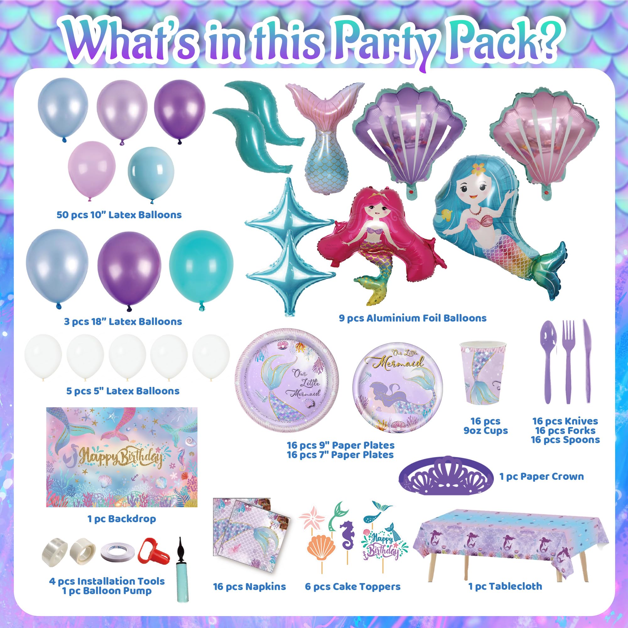 Party Spot! Mermaid Birthday Decorations, Mermaid Party Decorations Supplies Kit, 16 Tableware Sets, Balloon Arch, Balloons, Mermaid Disposable Paper Plates, Backdrop, Cake Topper, All in one Set