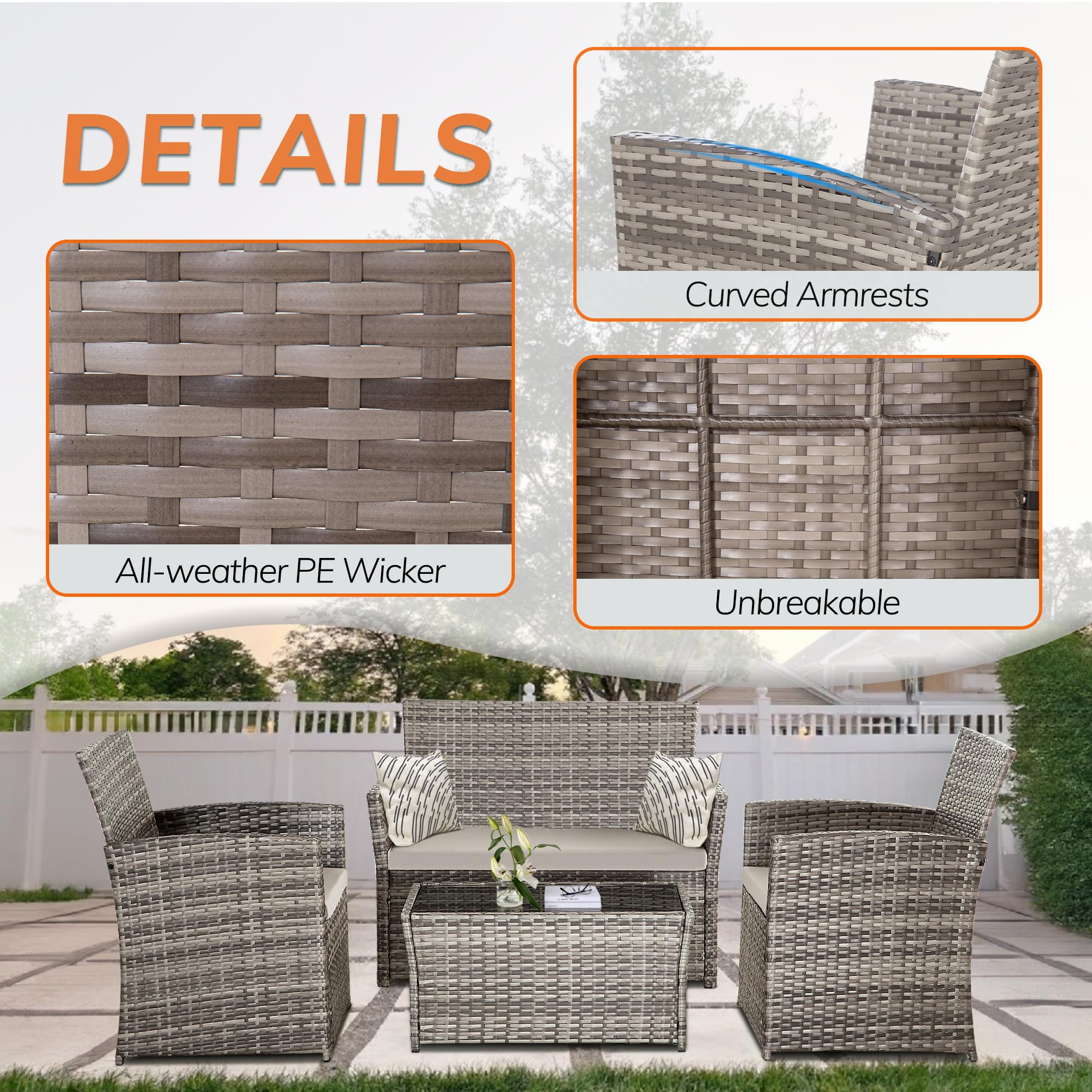 Seogwisam 4 Piece Patio Furniture Set,Outdoor Wicker Conversation Sets,Rattan Sectional Sofa w/Coffee Table,Seat Cushions for Backyard Porch Garden Poolside (Gray/Gray)