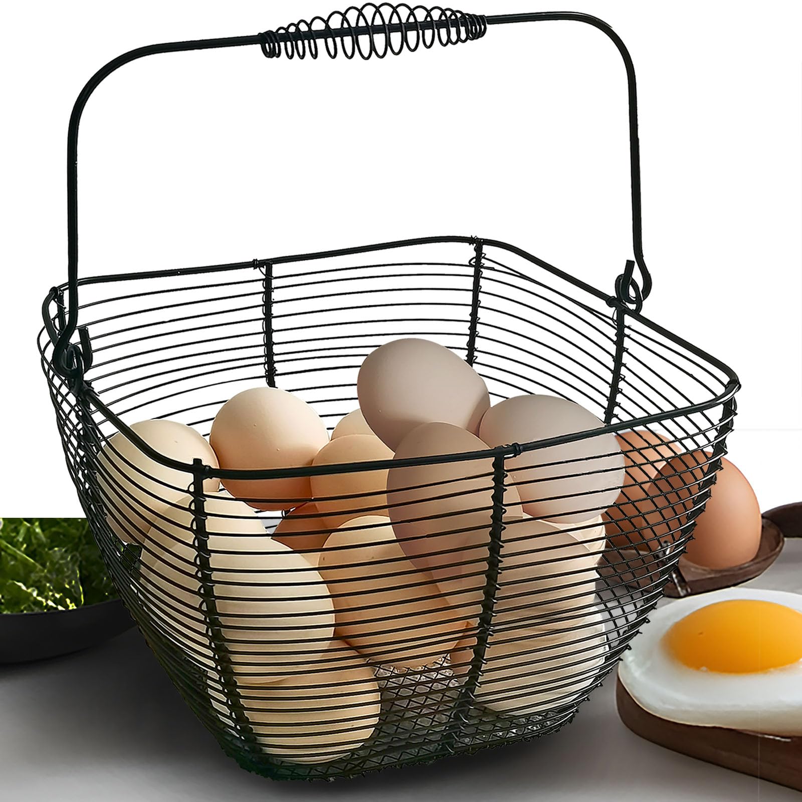 Black Square Wire Egg Basket For Fresh Egg with Handle,Famhouse Small Metal Egg Collecting Basket for Gathering Fresh Eggs Chicken Basket Decor for Kitchen Countertop Rustic Style