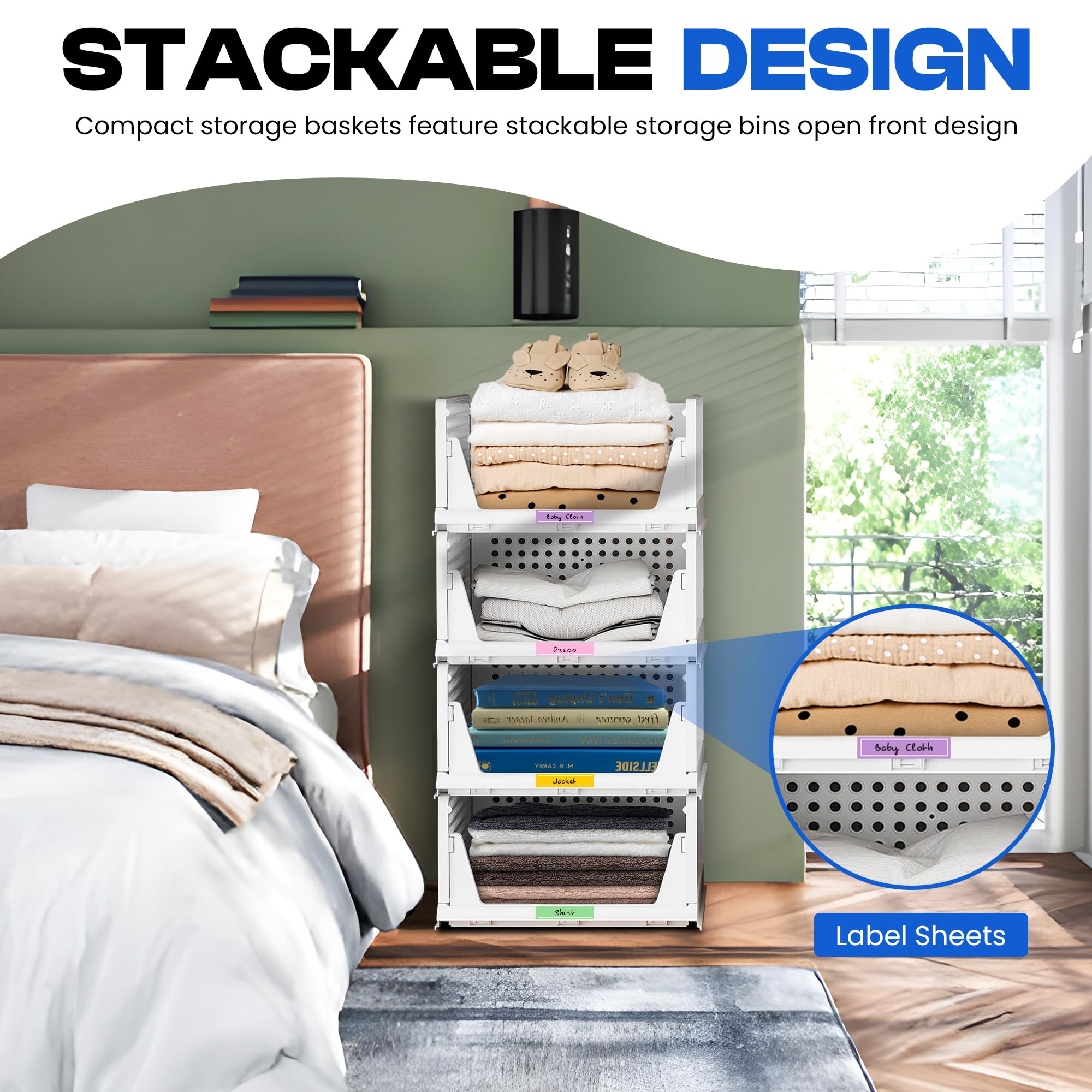 SIMPLEST LIVING Foldable Storage Bin Shelves Stackable Organizer 4 Pack(L) Clothes drawer organizer-collapsible crates-Stackable Storage Shelf for Office-RV-Dorm with 2 Label Sheets-White