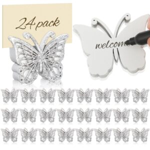 janlaugh 24 pcs butterfly birthday party decor butterfly wood place card holder table number stand holder butterfly table sign for butterfly theme party butterfly birthday decor(white, silver)