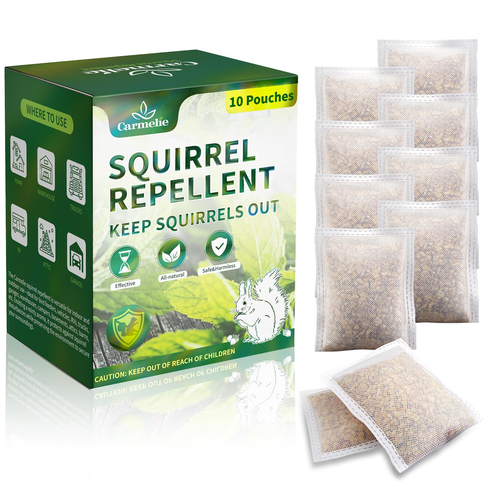 Carmelie Squirrel Repellent, Squirrel Repellent Outdoor, Chipmunk Repellent for Attic with Peppermint Oil to Repel Squirrel, Rodent, Mouse, All Natural Repellent Pouches for Indoor Outdoor, 10 Pouches