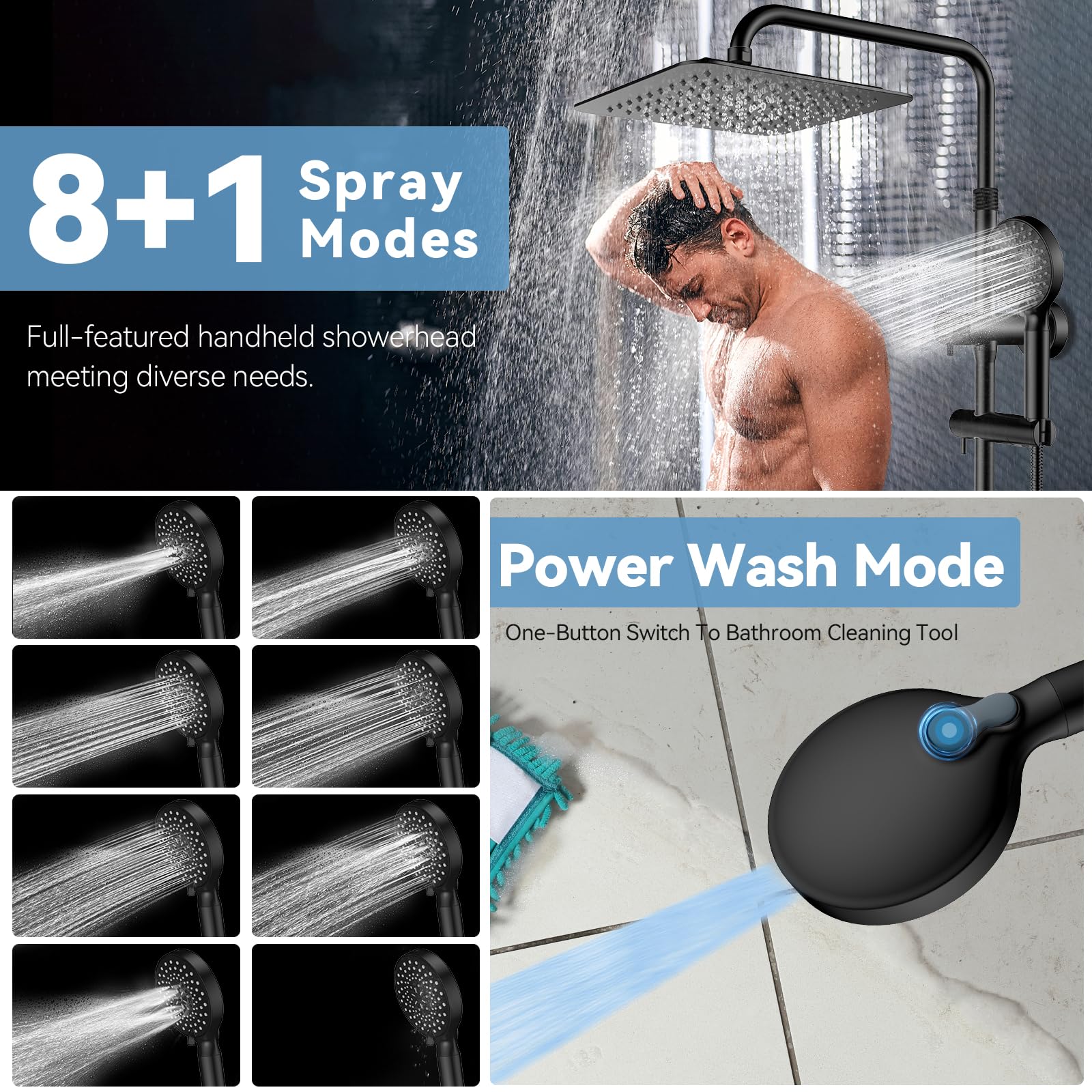 MakeFit All Metal Rainfall Shower Heads with Handheld Combo - 10 Inch High Pressure Rain Shower Head 9 Modes Handheld Shower Head with Height Adjustable Shower Extension Arm and Slide Bar Matte Black