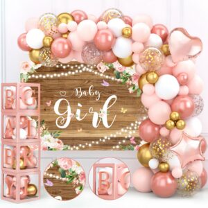 baby shower decorations for girl - rose gold retro blush pink balloon arch garland kit with baby balloon boxes with letters, girl baby shower backdrop for butterfly baby shower decor, girl birthday