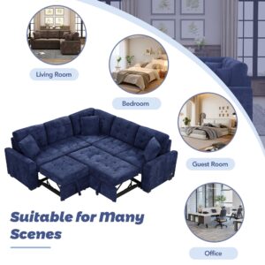 JULYFOX L Sectional Couch w/Pull Out Sleeper Sofa 2 in 1, Button Tufted Corner Sectional Sofa with Chaise USB Ports Power Sockets Velvet Fabric Couch 82 in Wide Sofa for Small Spaces,Navy Blue