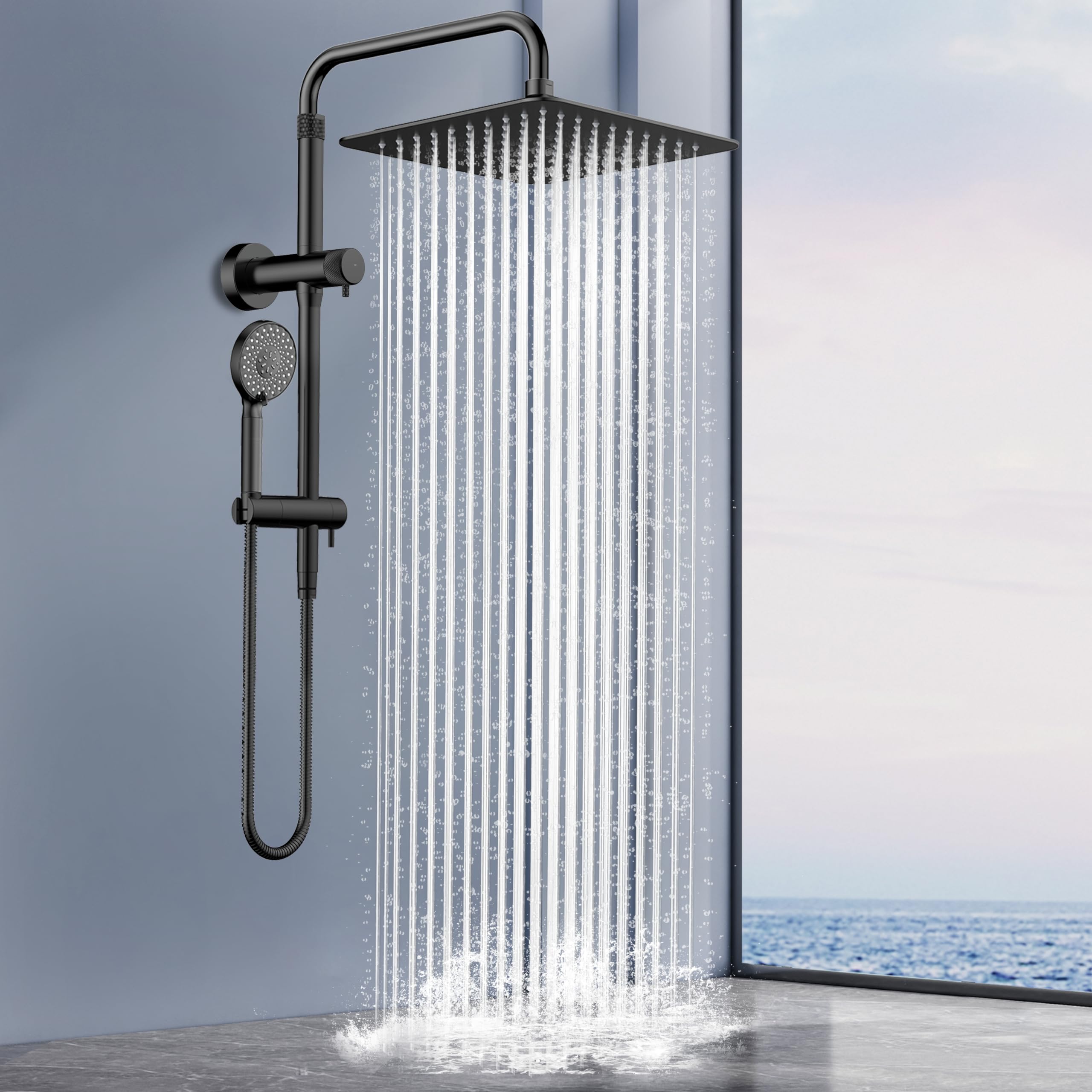 MakeFit All Metal Rainfall Shower Heads with Handheld Combo - 10 Inch High Pressure Rain Shower Head 9 Modes Handheld Shower Head with Height Adjustable Shower Extension Arm and Slide Bar Matte Black