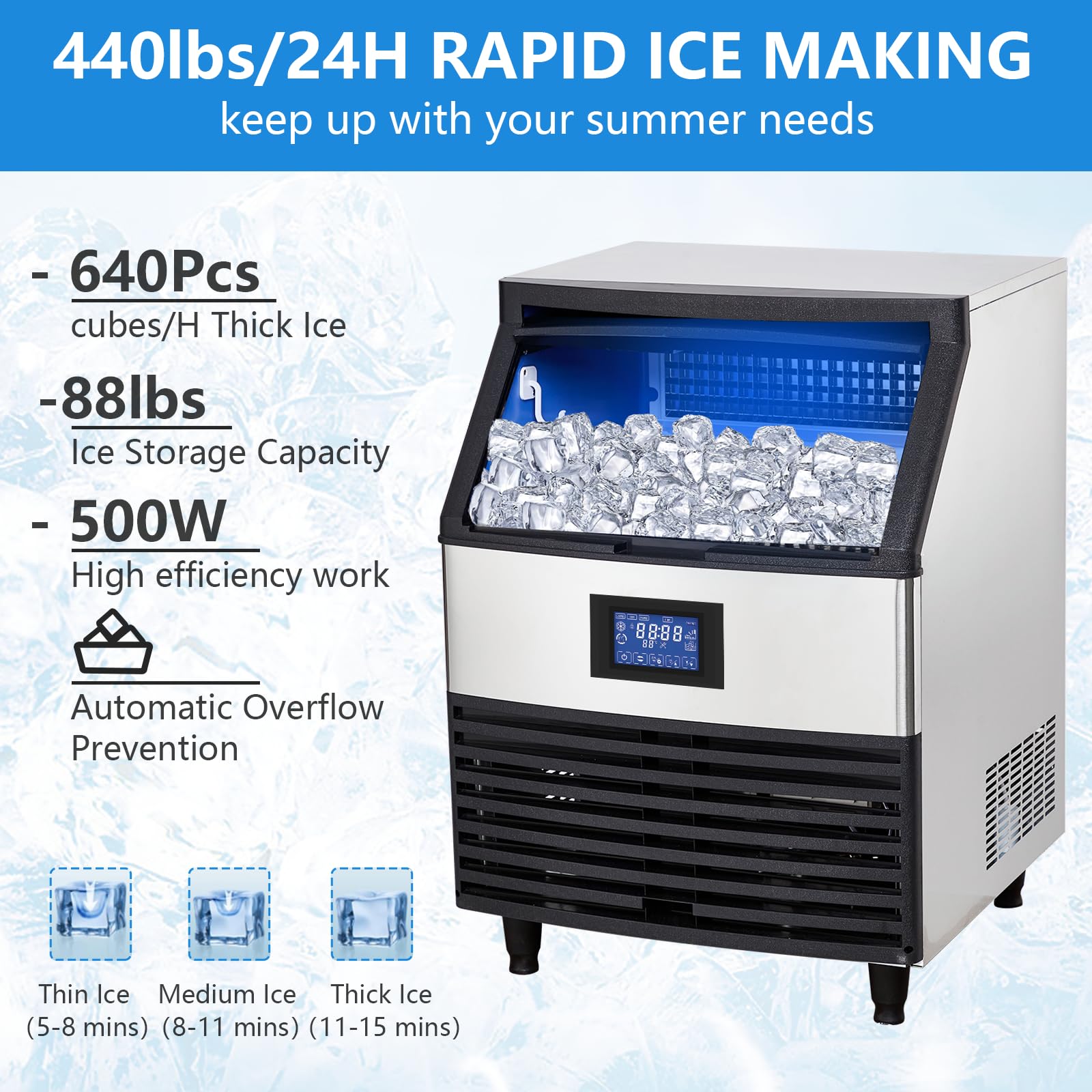 Commercial Ice Maker Machine 440lbs/24H, Stainless Steel Under Counter ice Machine with 40L Ice Storage Capacity, 8 * 20 Ice Cube Freestanding Ice Maker