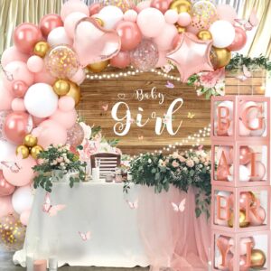 Baby Shower Decorations for Girl - Rose Gold Retro Blush Pink Balloon Arch Garland Kit with Baby Balloon Boxes with Letters, Girl Baby Shower Backdrop for Butterfly Baby Shower Decor, Girl Birthday