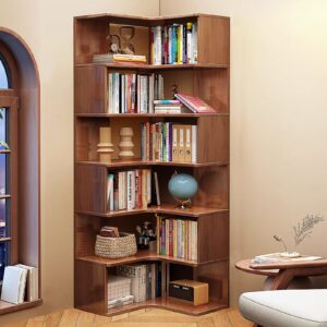 kingbo 6-tier corner bookshelf, 75" tall corner bookcase shelf, solid wood bookshelf organizer, open bookcase, large corner display shelf rack for living room, bedroom and home office, walnut