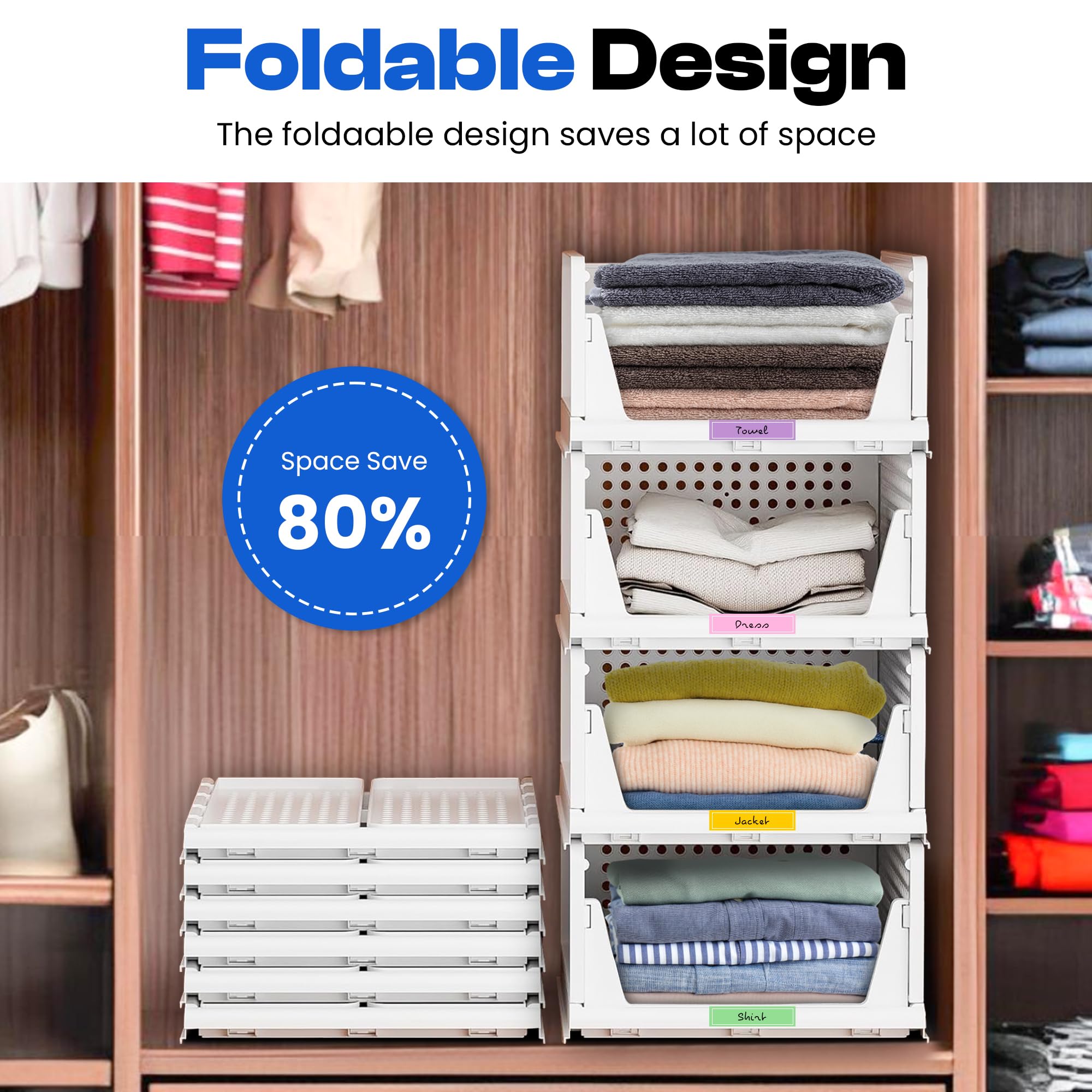 SIMPLEST LIVING Foldable Storage Bin Shelves Stackable Organizer 4 Pack(L) Clothes drawer organizer-collapsible crates-Stackable Storage Shelf for Office-RV-Dorm with 2 Label Sheets-White