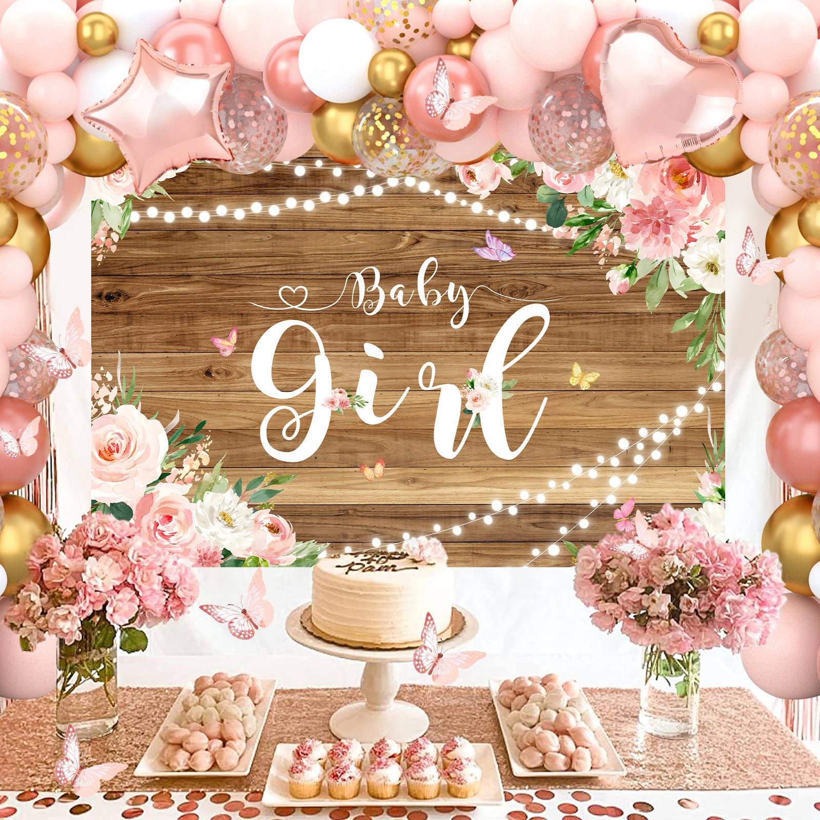 Baby Shower Decorations for Girl - Rose Gold Retro Blush Pink Balloon Arch Garland Kit with Baby Balloon Boxes with Letters, Girl Baby Shower Backdrop for Butterfly Baby Shower Decor, Girl Birthday