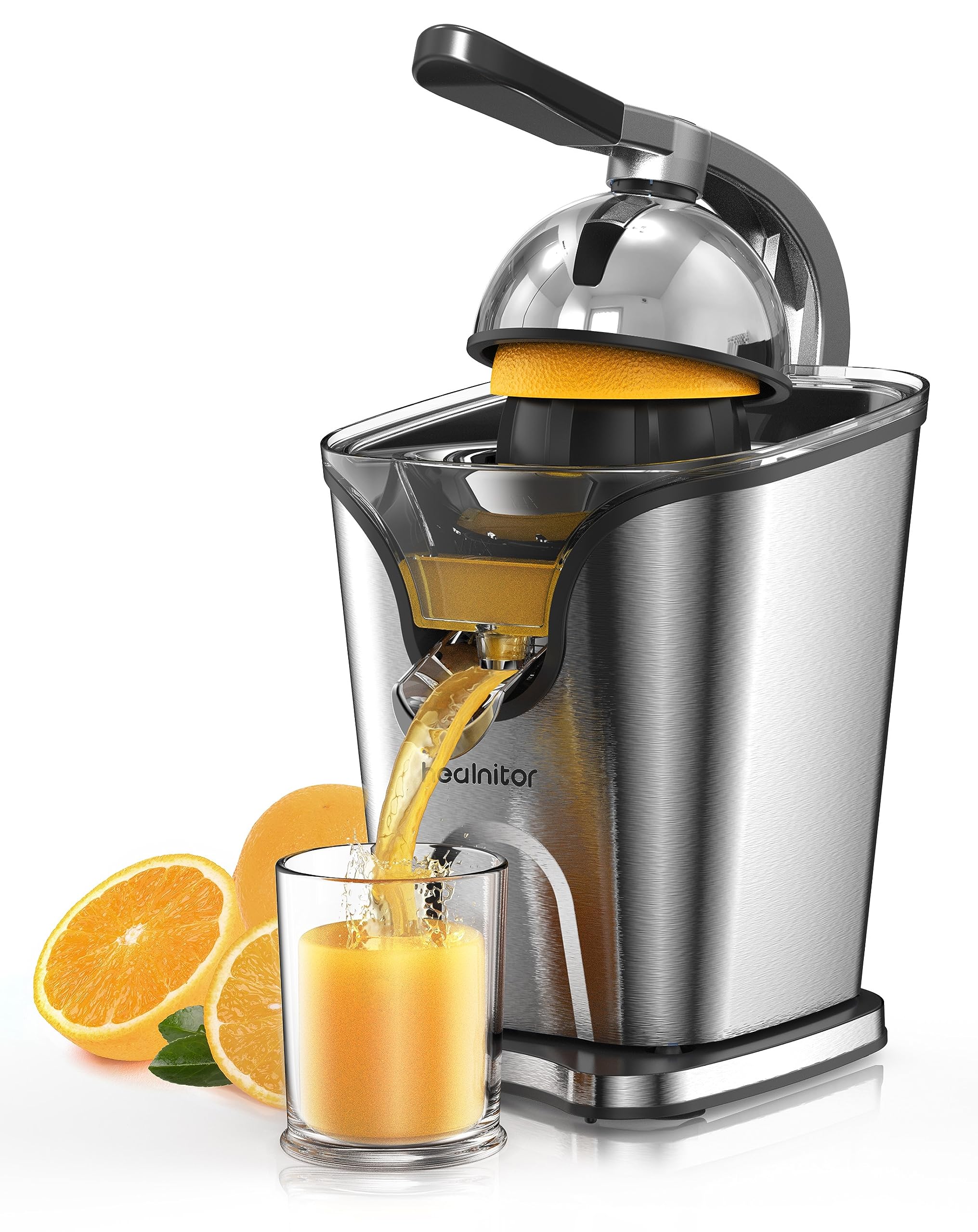 Healnitor 150W Electric Citrus Juicer Squeezer with 2 Cones, Stainless Steel Quiet Orange Juice Extractor Machines for Lime Grapefruit Lemon, Detachable Design