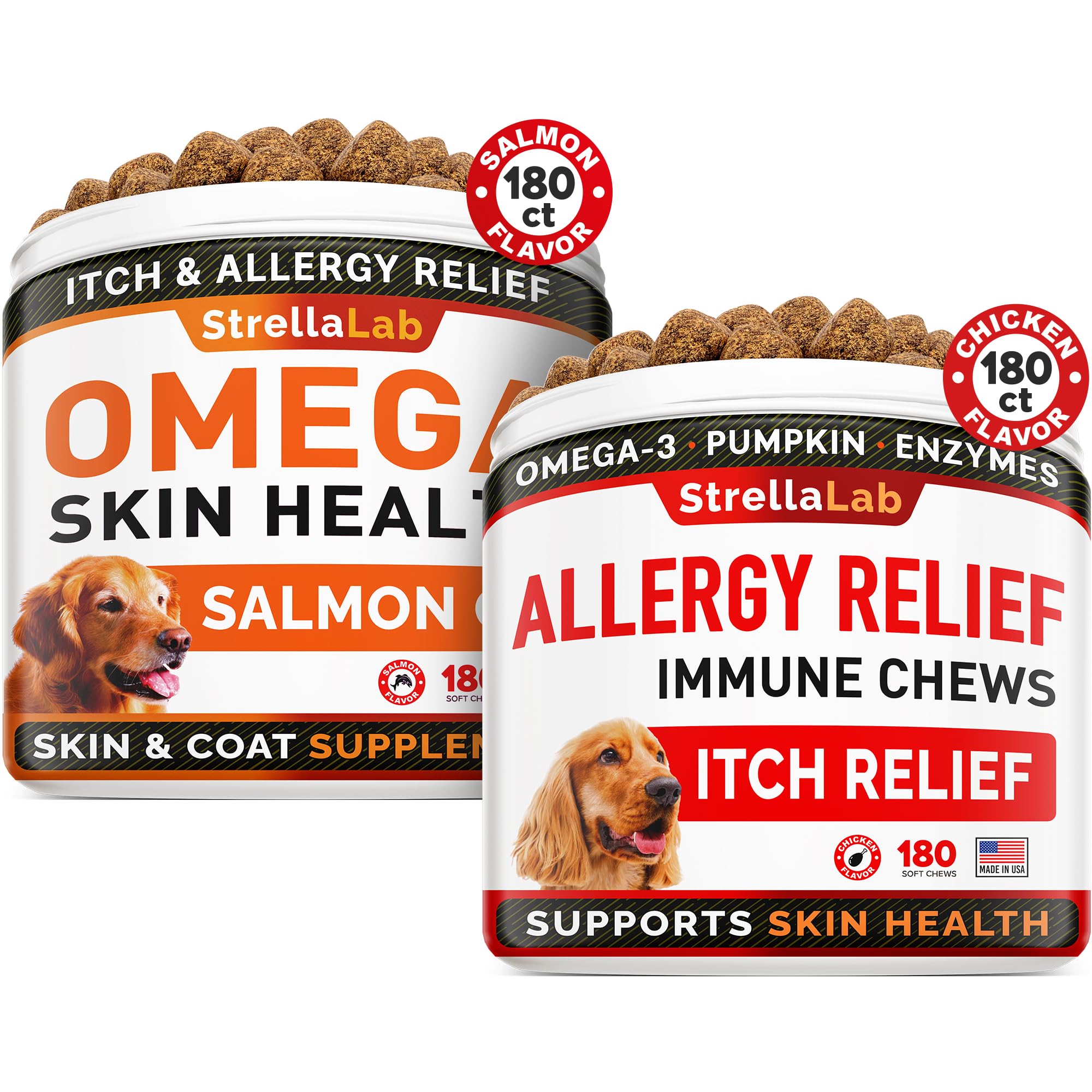 Omega 3 + Allergy Relief for Dogs Bundle - Allergy & Itch Relief + Itchy Skin Treatment - EPA & DHA Fatty Acids + Pumpkin - Shedding, Itchy Skin Relief + Itch Relief- 360 Chews - Made in USA