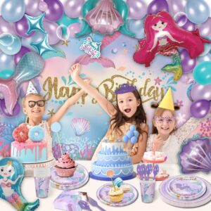 Party Spot! Mermaid Birthday Decorations, Mermaid Party Decorations Supplies Kit, 16 Tableware Sets, Balloon Arch, Balloons, Mermaid Disposable Paper Plates, Backdrop, Cake Topper, All in one Set