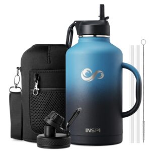 64oz water bottle insulated with straw & 2 lids, inspi double wall vacuum stainless steel metal large jug with handle, wide mouth flask mug with carry pouch, keep cold hot for travel, indigo black