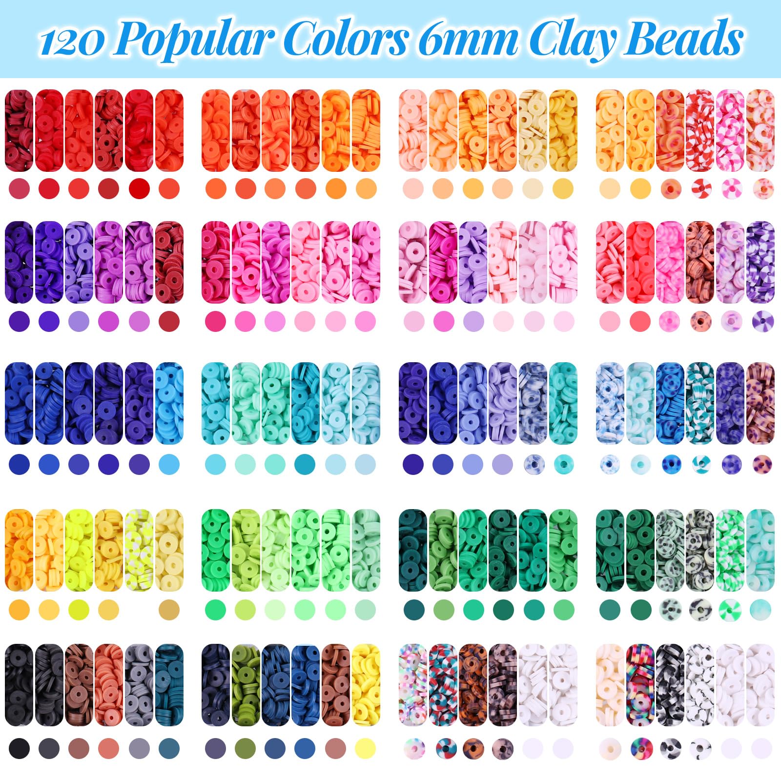 Wuollgess 20,000PCS Clay Beads for Bracelet Making Kit, 120 Colors 6 Boxes Polymer Heishi Beads, Friendship Bracelet Kit for DIY Crafts, Earrings Necklace Jewelry Making Kit for Adults