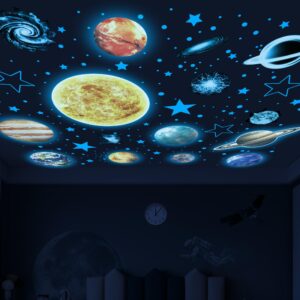 glow in the dark stars and planets for ceiling, glow solar system wall stickers, space wall decals for kids boys room (blue)