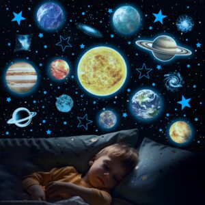 Glow in The Dark Stars and Planets for Ceiling, Glow Solar System Wall Stickers, Space Wall Decals for Kids Boys Room (Blue)