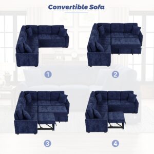 JULYFOX L Sectional Couch w/Pull Out Sleeper Sofa 2 in 1, Button Tufted Corner Sectional Sofa with Chaise USB Ports Power Sockets Velvet Fabric Couch 82 in Wide Sofa for Small Spaces,Navy Blue